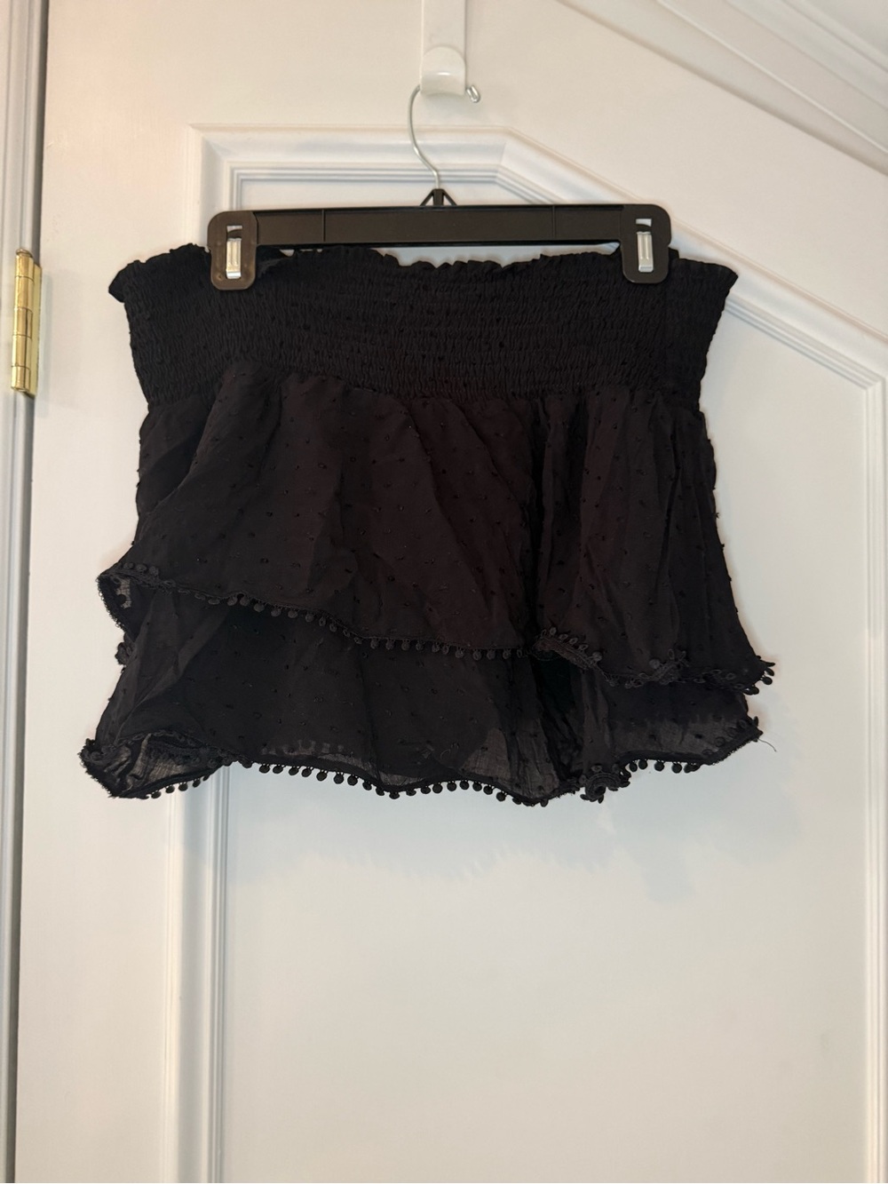 Paradise Black Smocked Ruffle Skort Hidden Shorts Pom Pom Trim L